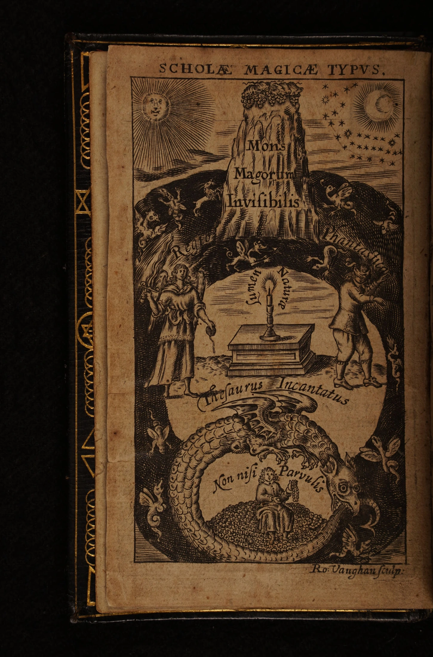 Frontispicio histórico Scholae Magicae Typus, del ejemplar de The Divine Pymander de 1650